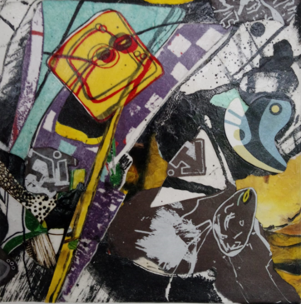 Probe - Art work in print and oil paint on canvas by Kirsten Mortimer